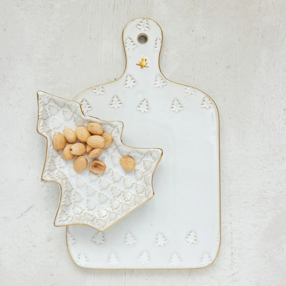 White Stoneware Cheese Cutting Board with Trees