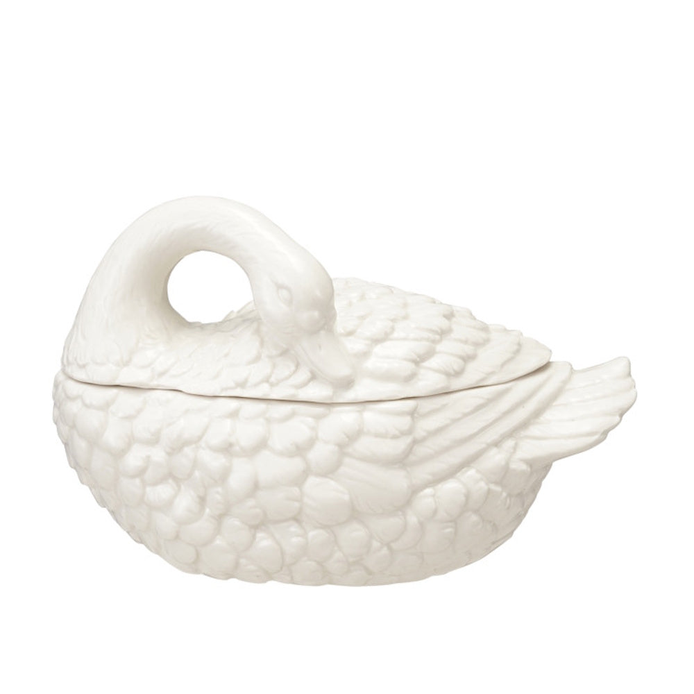 White ceramic lidded jar sculpted in the shape of a preening swan with detailed feather textures.