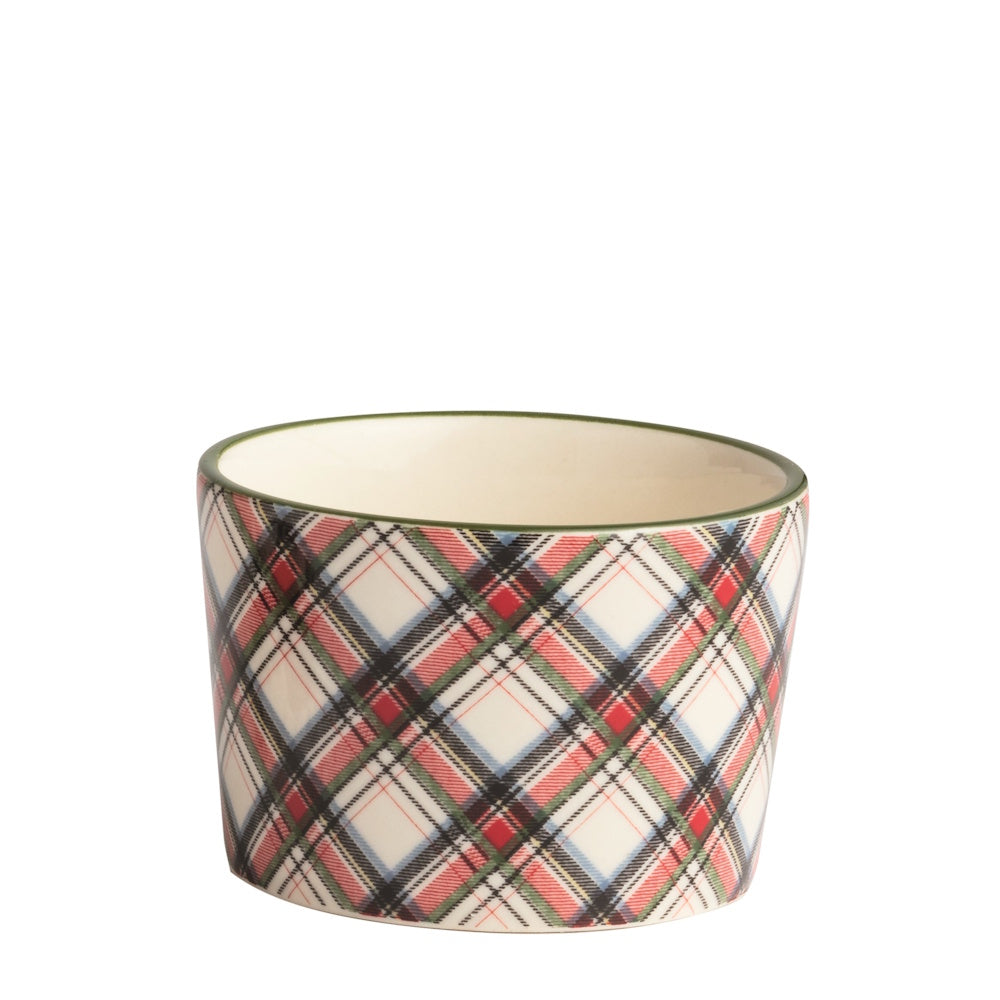 Front view of a white ceramic Christmas tidbit dish with a red and green plaid tartan pattern.