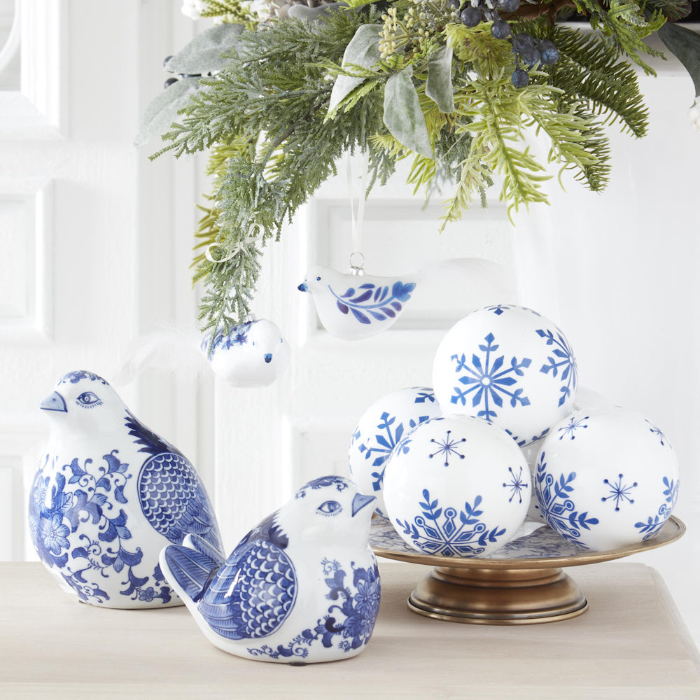 White with Blue Snowflakes Glass Round Ornaments