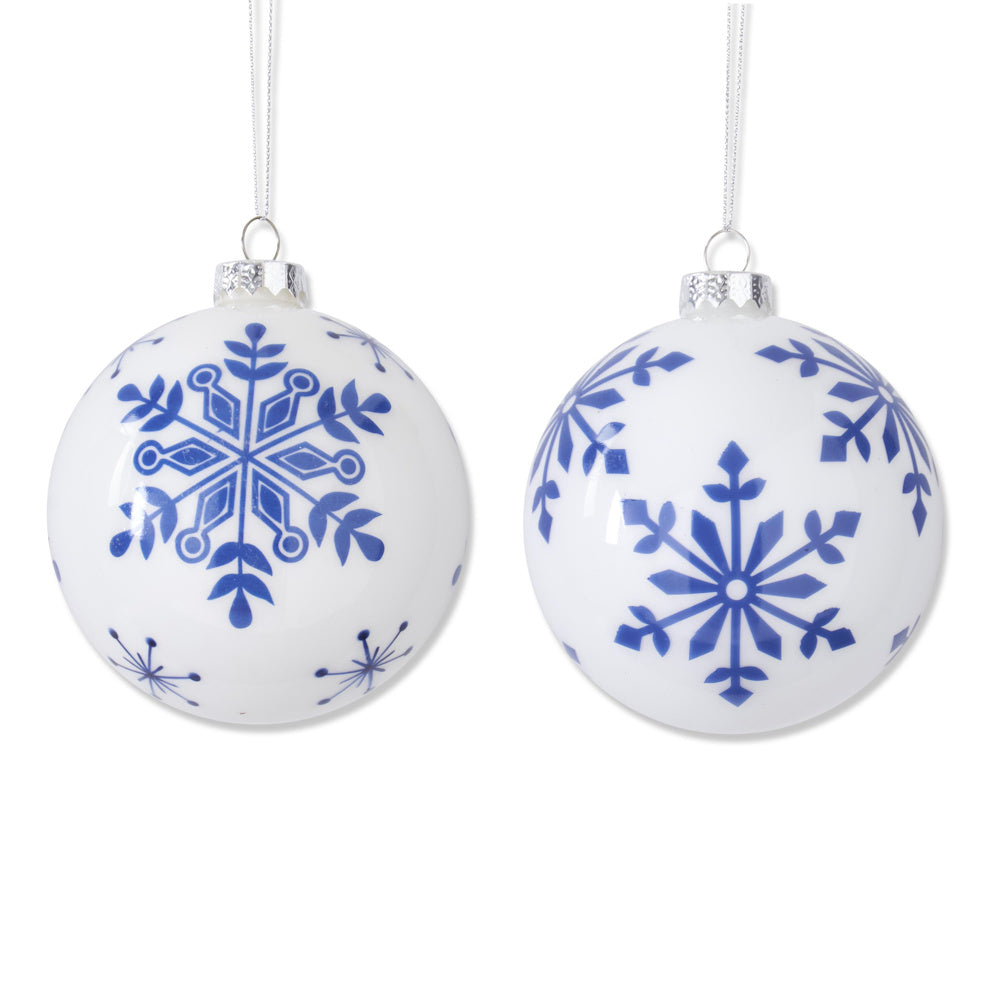 White with Blue Snowflakes Glass Round Ornaments — alternate view 2