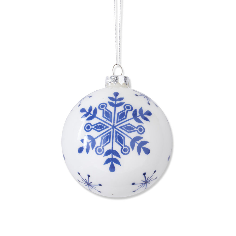 White with Blue Snowflakes Glass Round Ornaments — alternate view 3