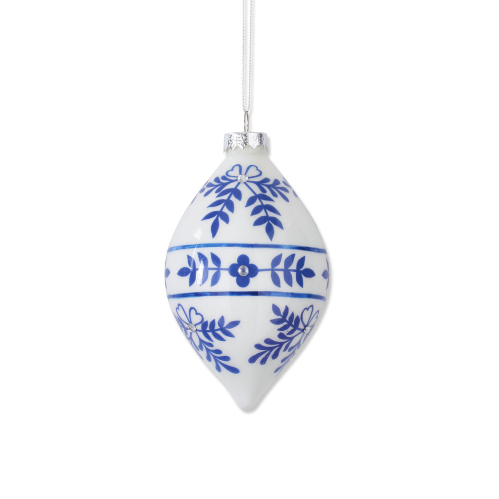 White with Blue Snowflakes Glass Teardrop Ornament