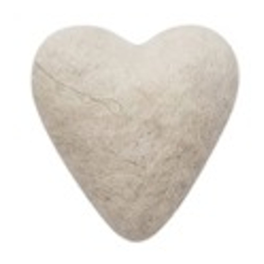 A small, white, needle-felted wool heart with a fuzzy texture on a white background.