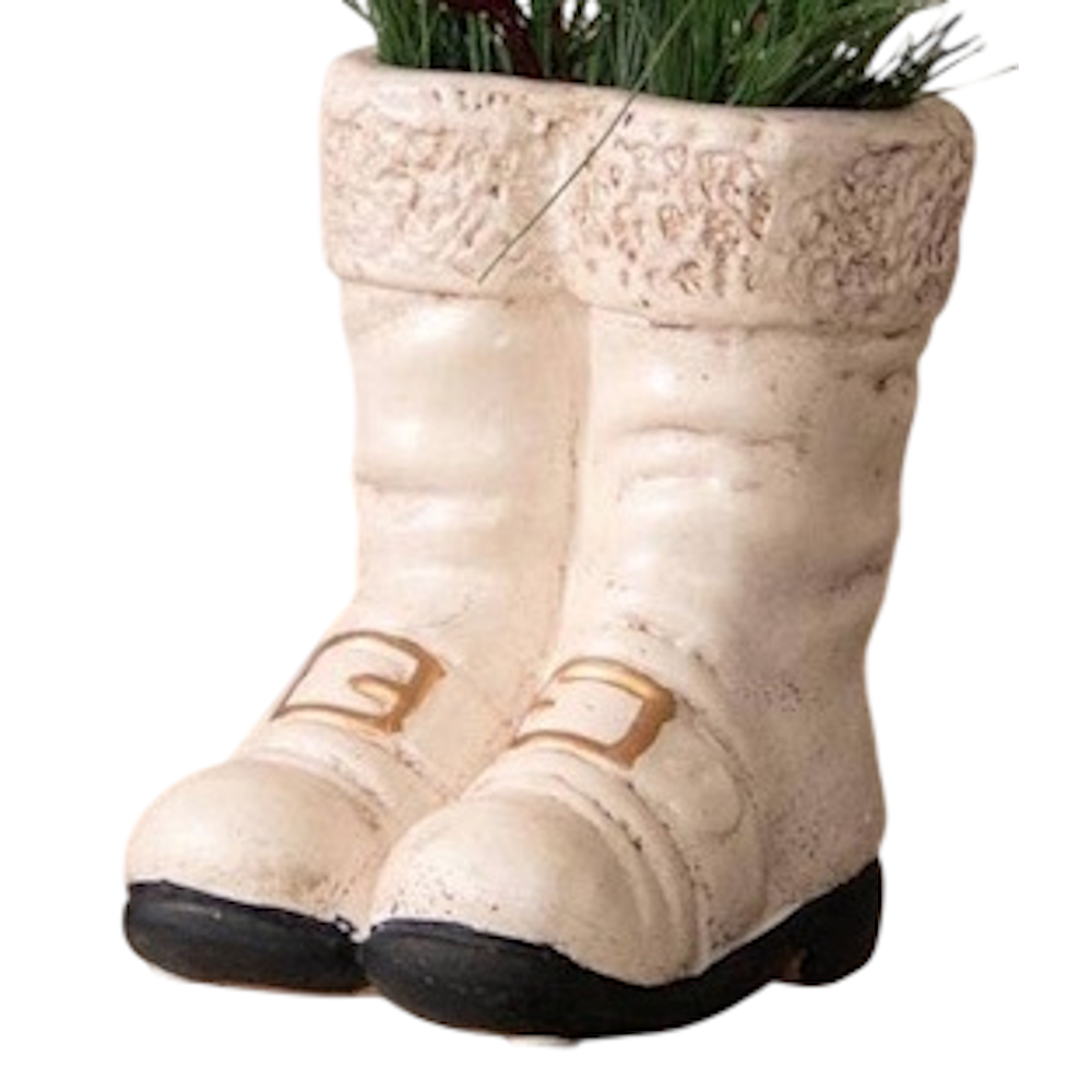 A pair of mini white Santa boot vases with textured trim and gold buckle details.