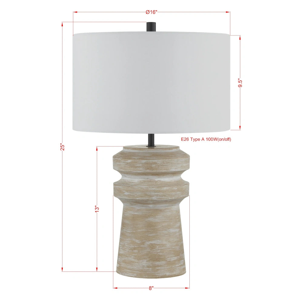 Distressed natural wood table lamp dimensions with white drum shade, 25 inch height and 16 inch width.