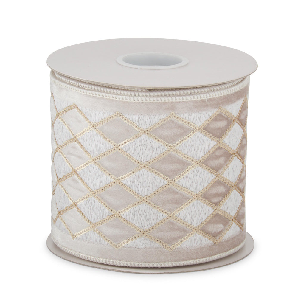 Front view of a white and gold diamond-stitched wired ribbon spool.