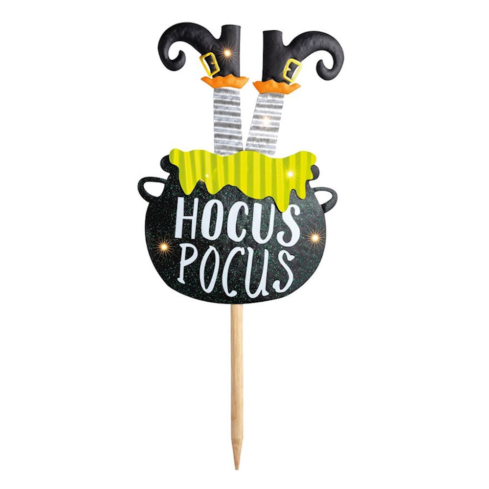 Witch legs in "Hocus Pocus" cauldron Halloween yard stake.