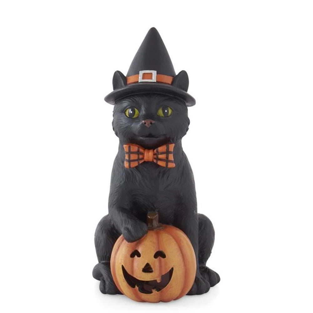 Black cat in witch hat and orange bow tie sitting behind a carved Halloween jack-o'-lantern pumpkin.