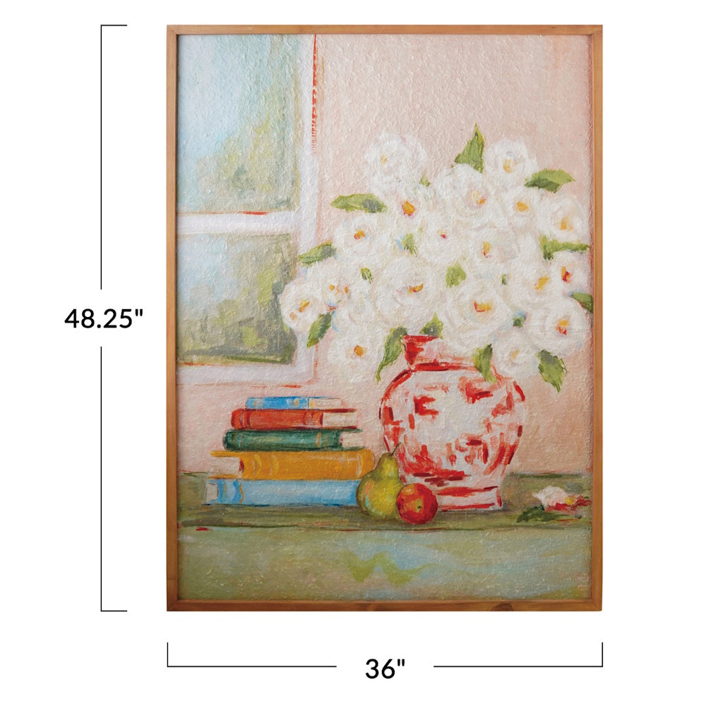 Framed still life painting of white flowers in a patterned red vase next to books with dimensions 48.25" by 36".