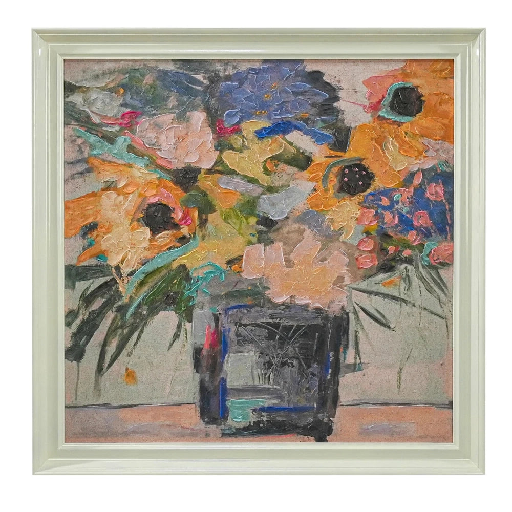 Hand-painted floral canvas wall decor featuring colorful abstract flowers in a dark vase with a white wooden frame.