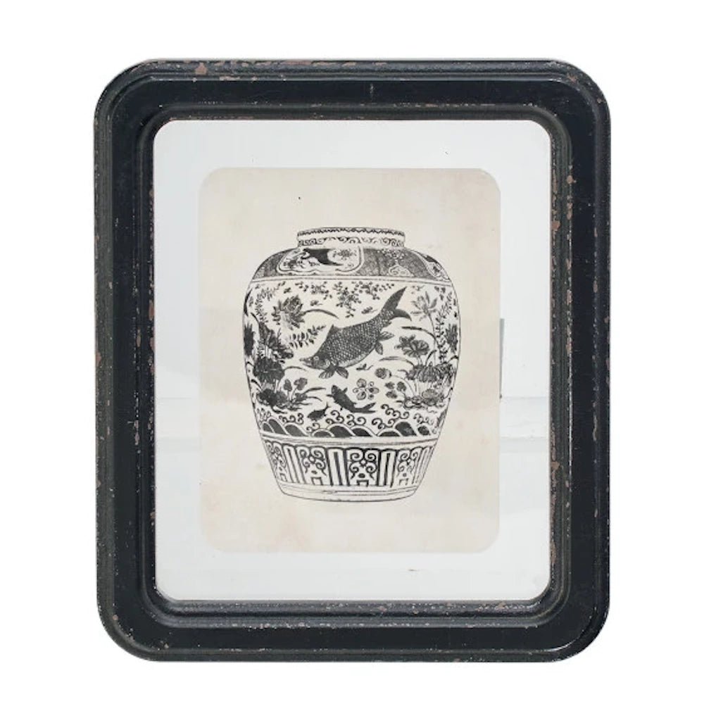 Vintage framed sketch of a Chinese porcelain ginger jar with fish and lotus motifs in a black rustic frame.