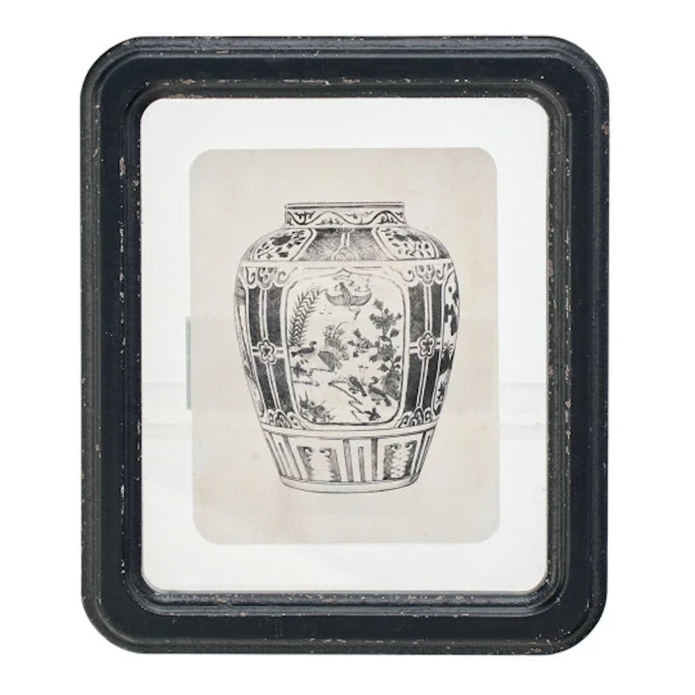 Antique style Chinoiserie vase illustration in a rustic black frame, black and white sketch wall art.