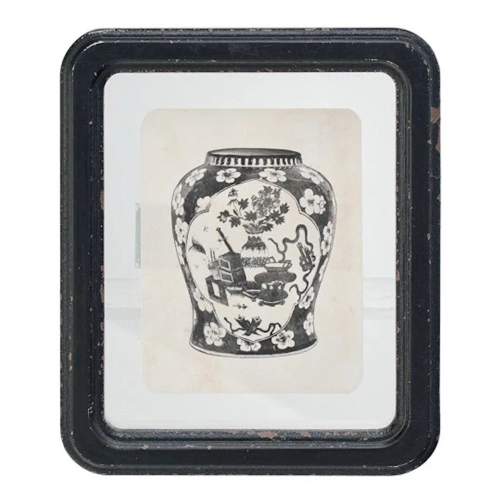 Vintage black and white print of a floral Chinese ginger jar in a rustic black frame.
