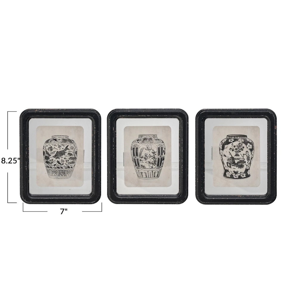 Set of 3 vintage Chinoiserie ginger jar wall art prints in black frames, 7x8.25 inches for traditional home decor.