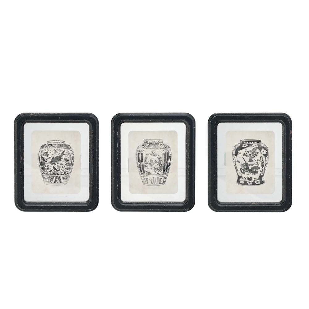 Trio of Chinoiserie vase art prints in black frames, antique style blue and white pottery wall decor.