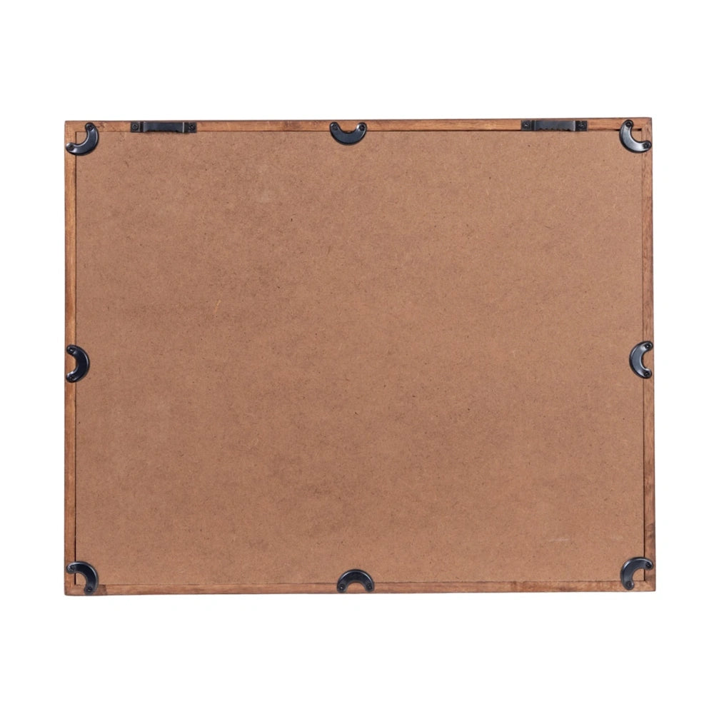 Back of a wooden picture frame showing the MDF backing board, metal turn fasteners, and hanging hardware.