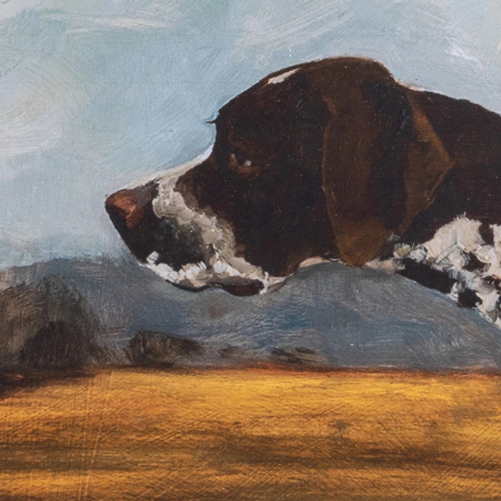 Close-up painted detail of a brown-headed pointer dog's profile against a painted field and sky.