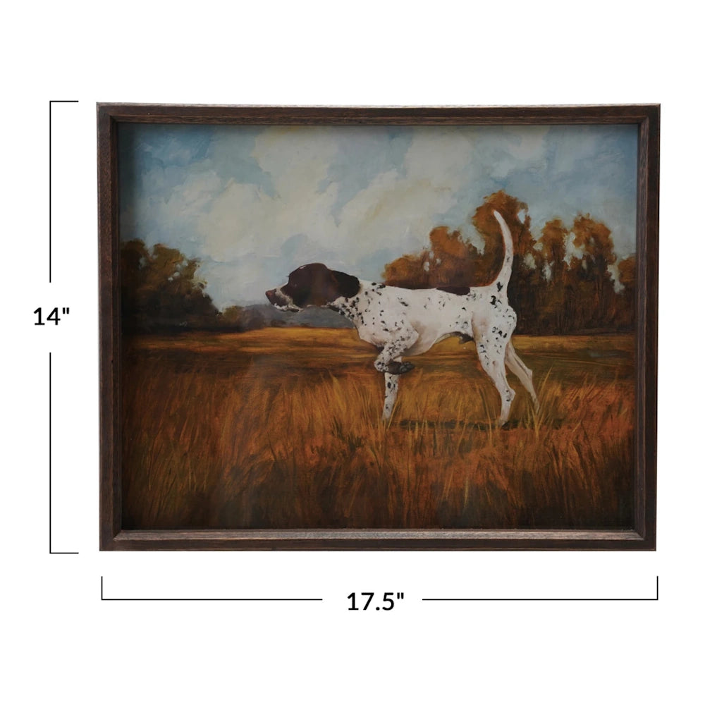 Framed pointer dog artwork in a field with dimension overlays measuring 14 inches high by 17.5 inches wide.