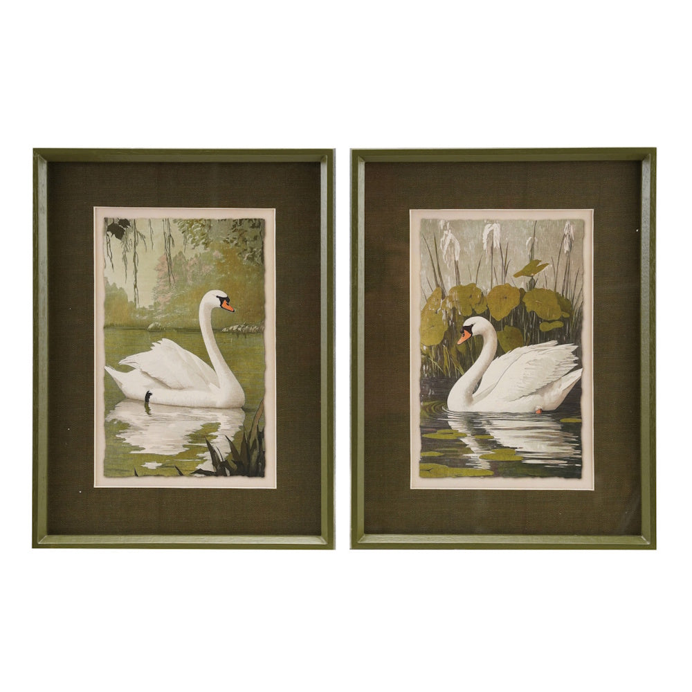 Two framed vintage-style prints, each featuring a white swan swimming in a pond with lily pads and reeds.