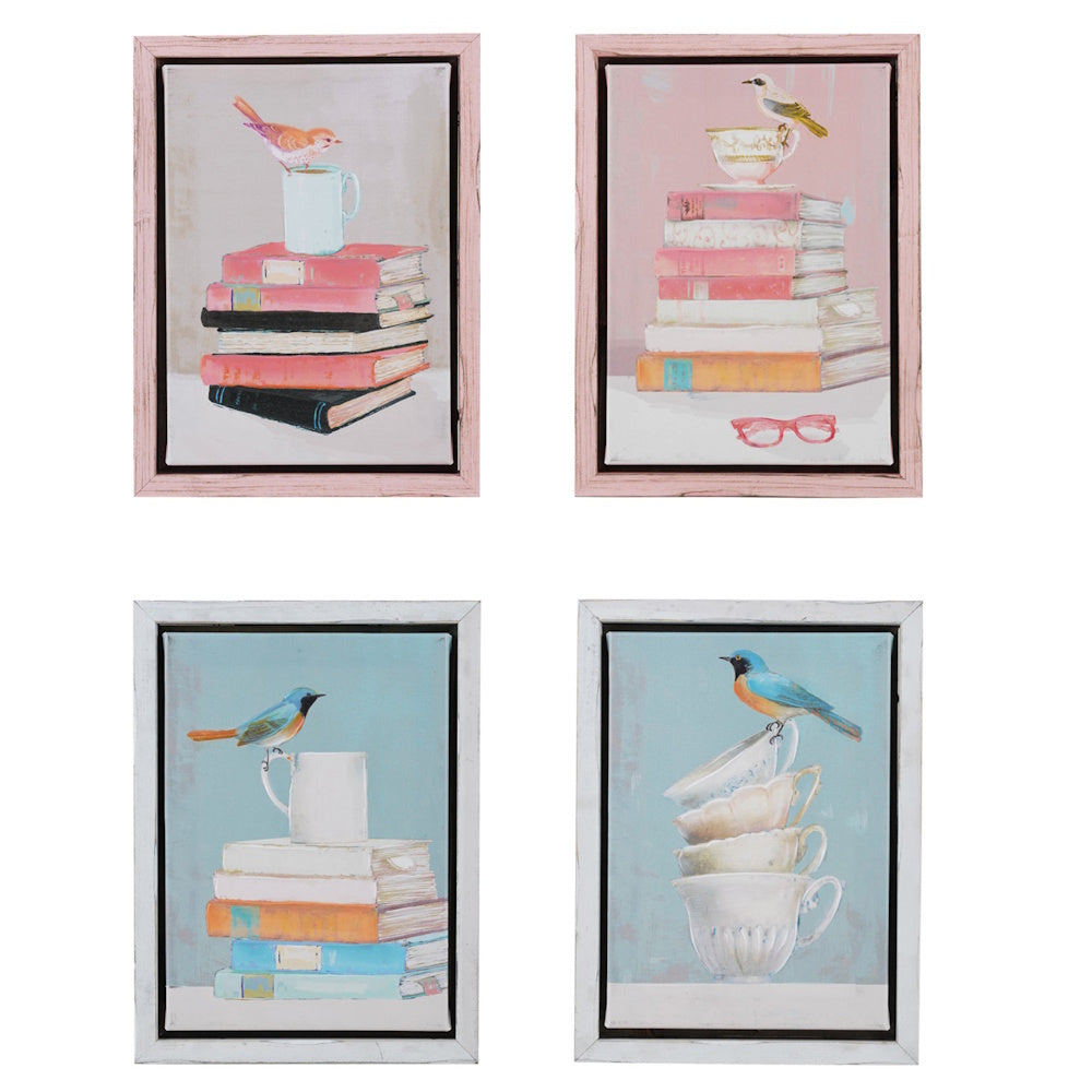 Set of four hand-painted canvas wall art pieces featuring birds perched on stacks of books and tea cups in wood frames.