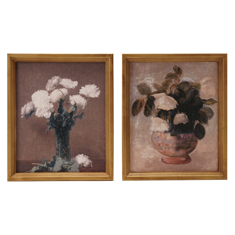 Pair of vintage wood framed floral still life art prints featuring white flowers in vases on a muted background.