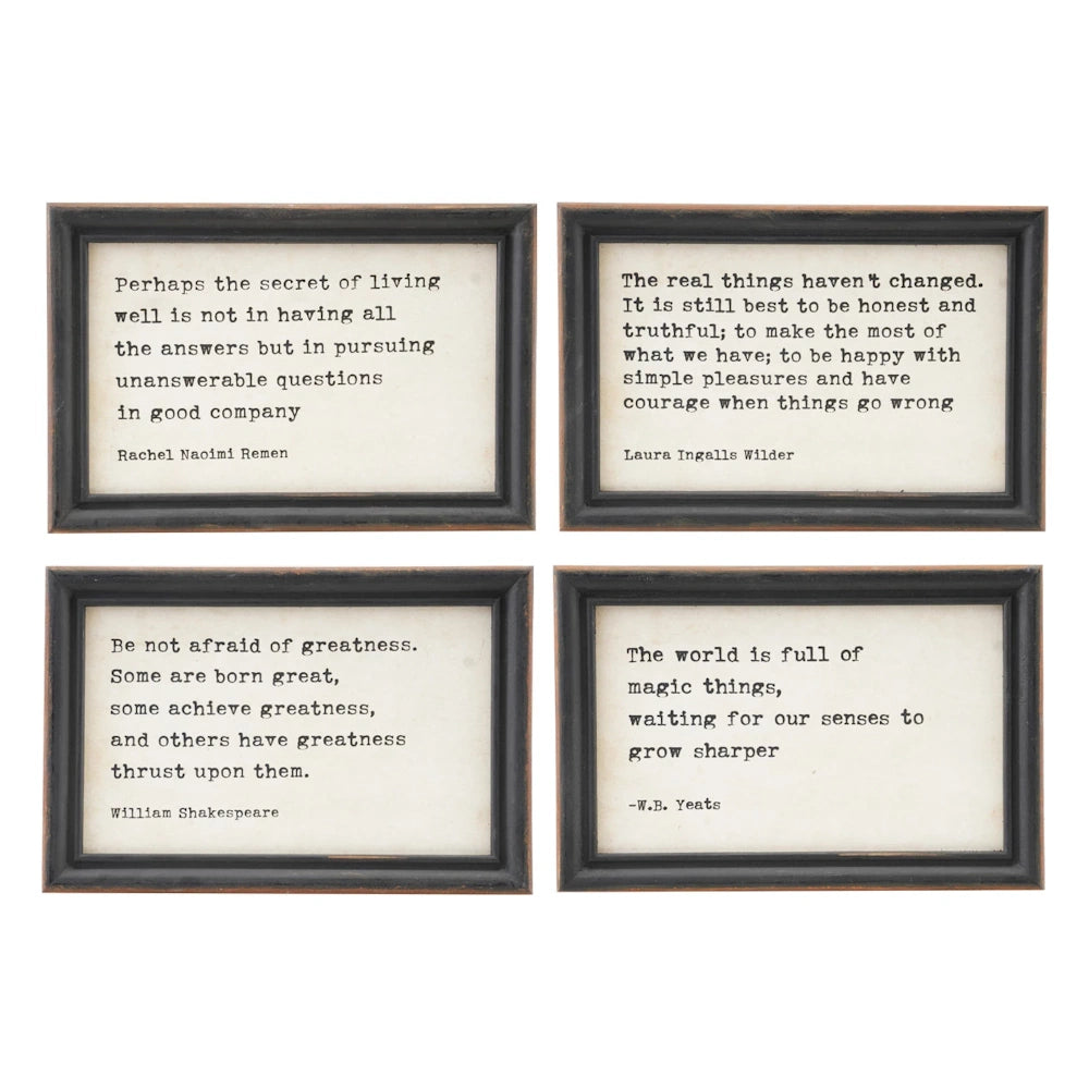 Four framed wall art pieces with inspirational quotes by Remen, Wilder, Shakespeare, and Yeats in typewriter-style font.