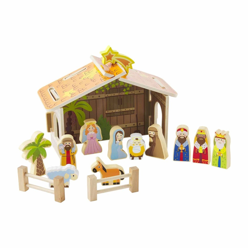 Colorful wooden nativity set for kids featuring a stable, manger, three wise men, Mary, Joseph, and animals.