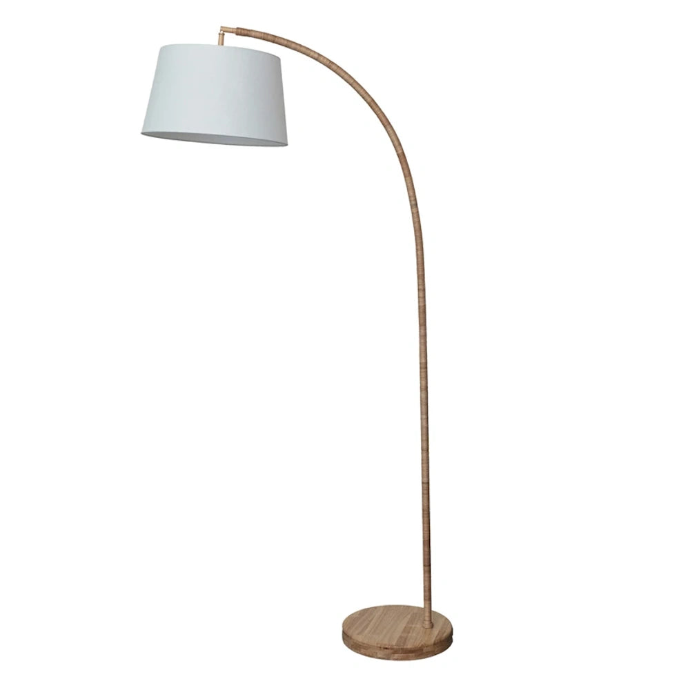 Wood and rattan arc floor lamp featuring a curved stem, round wooden base, and a white drum shade.