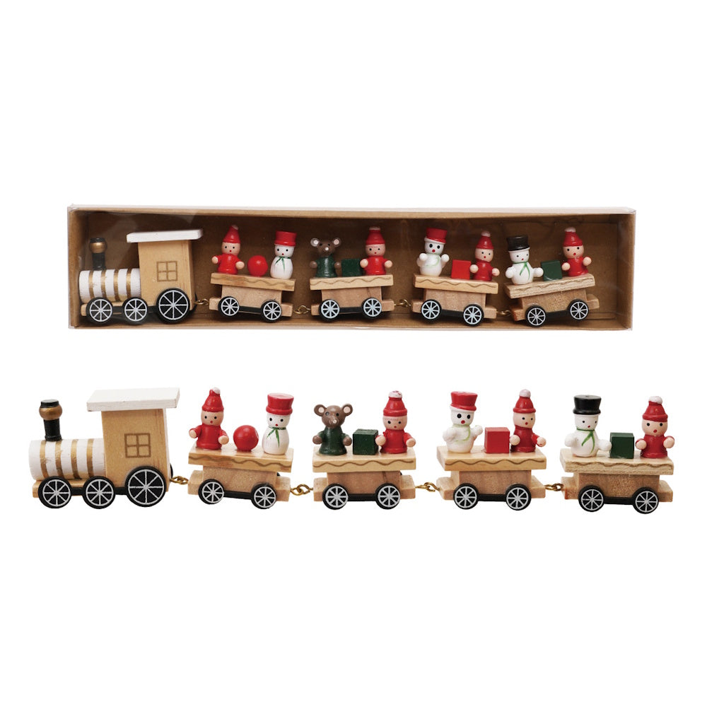 Miniature wooden holiday train with colorful passenger figures, shown in and out of packaging.