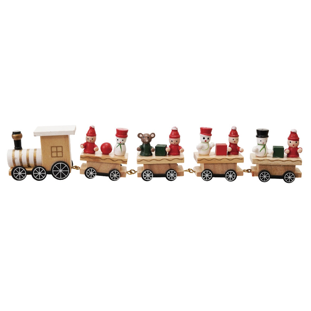 Miniature wooden toy train carrying festive holiday figures including snowmen and elves.