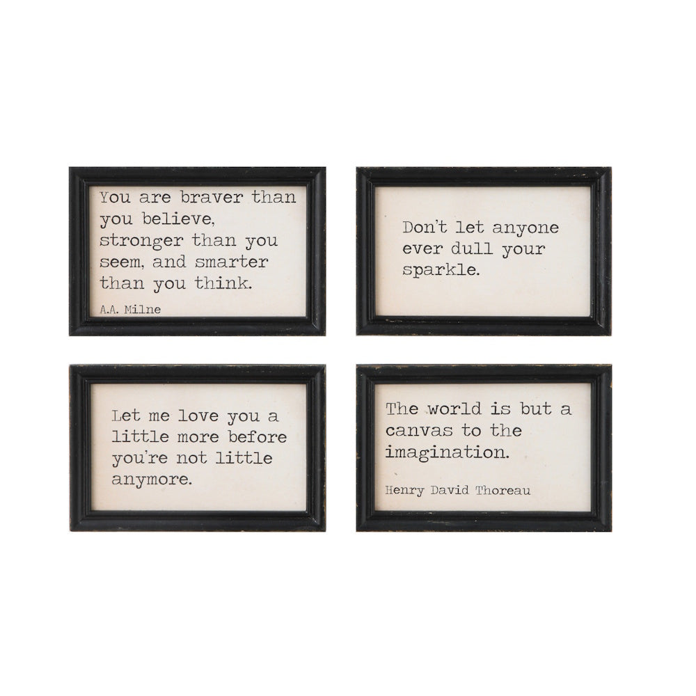Set of 4 framed wood wall decor signs with inspirational quotes and sayings in a typewriter font.