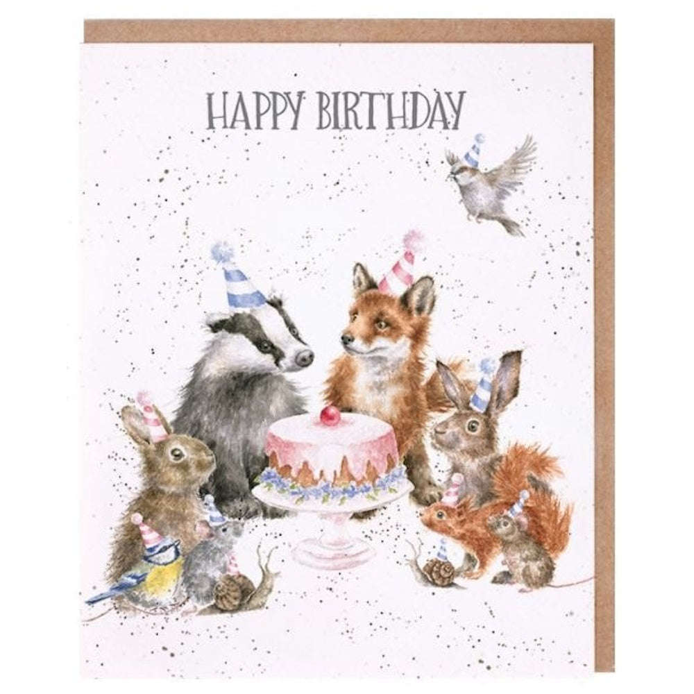 Happy Birthday card featuring watercolor woodland animals in party hats gathered around a pink frosted cake with a cherry.
