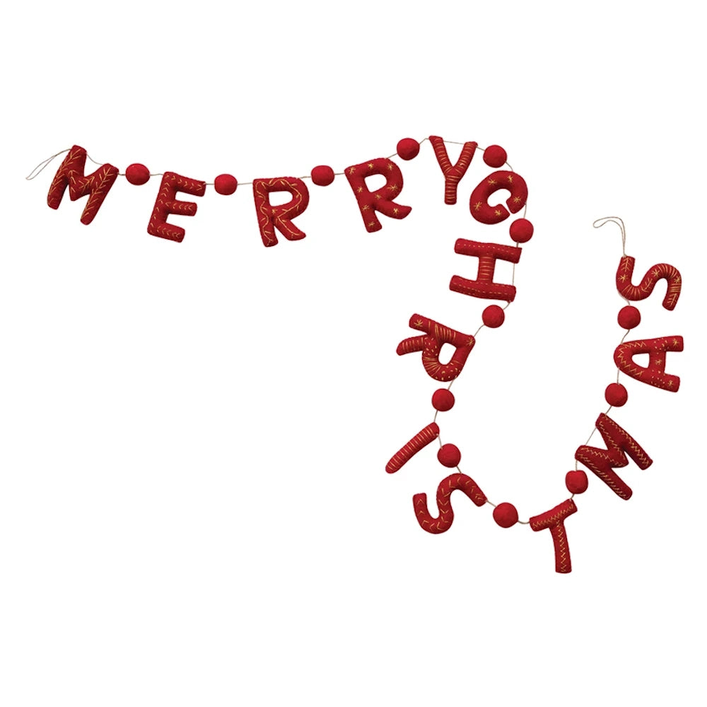 Wool Felt Garland with Pom Poms & "Merry Christmas"