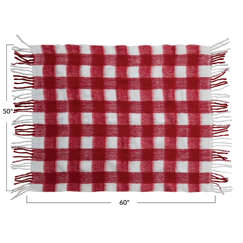 Red and white plaid throw blanket with fringe, labeled 50 inches by 60 inches.