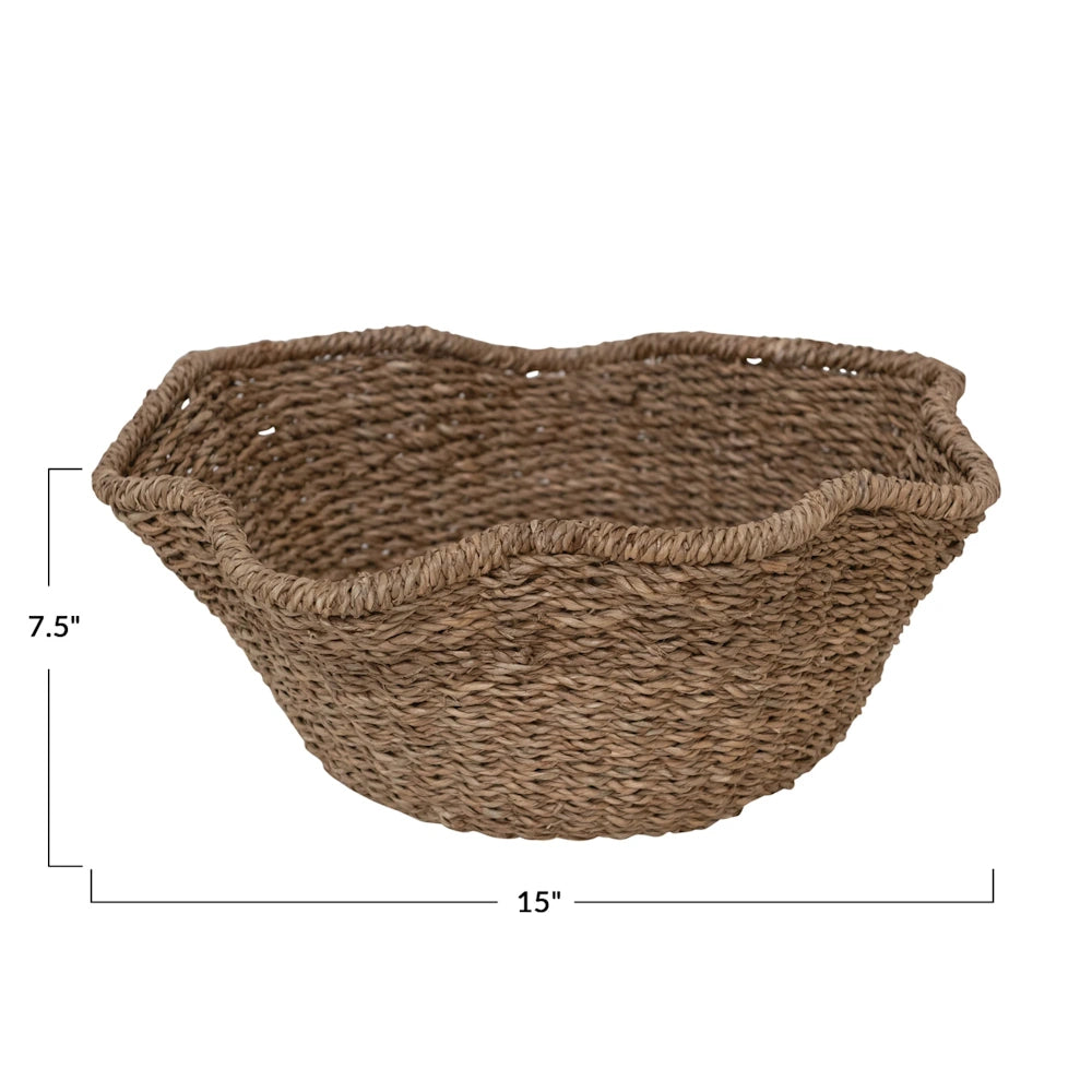 Front view dimension diagram of a brown woven rattan ruffled bowl showing 15-inch width and 7.5-inch height.