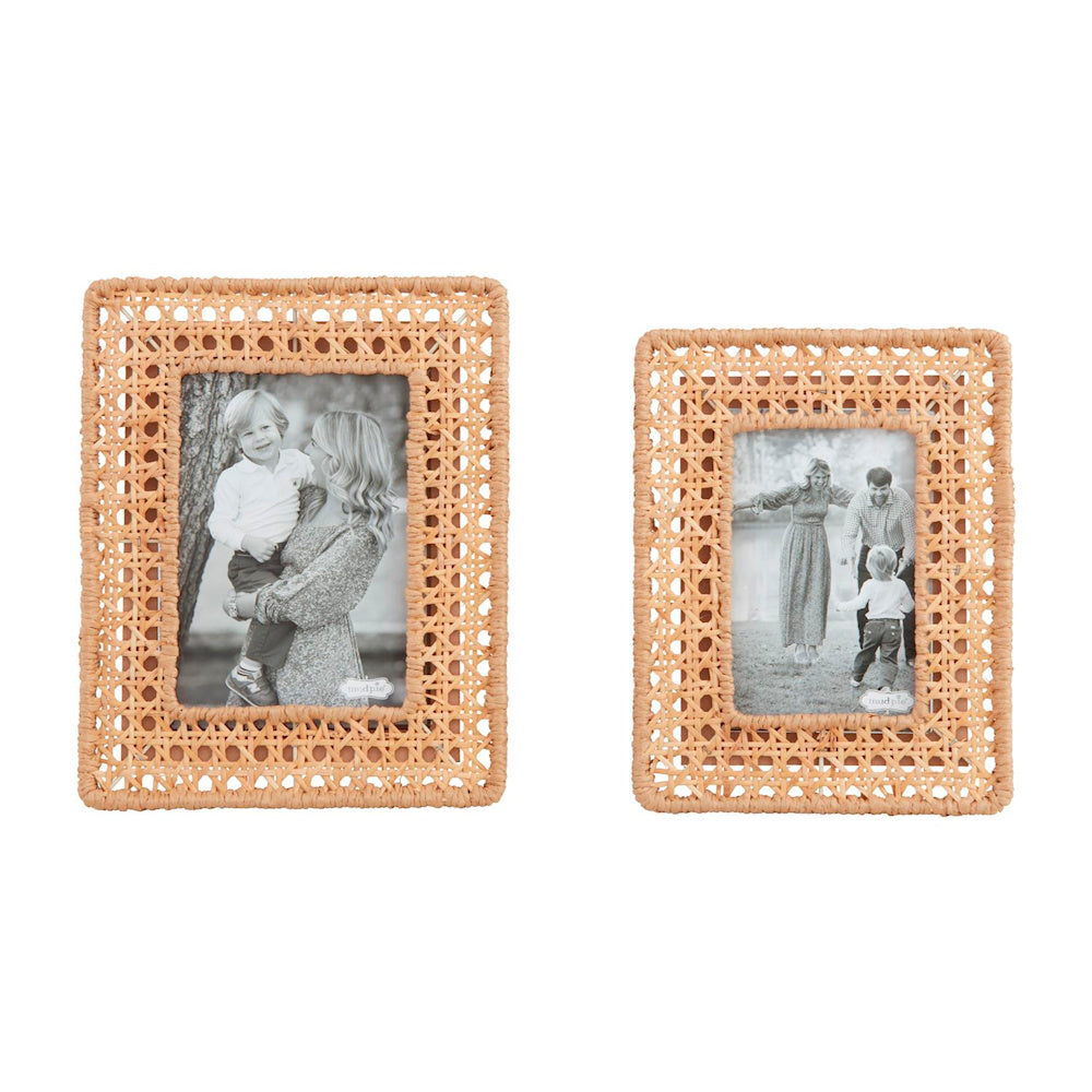 Two woven cane picture frames with natural rattan texture, featuring black and white family photos on a white background.