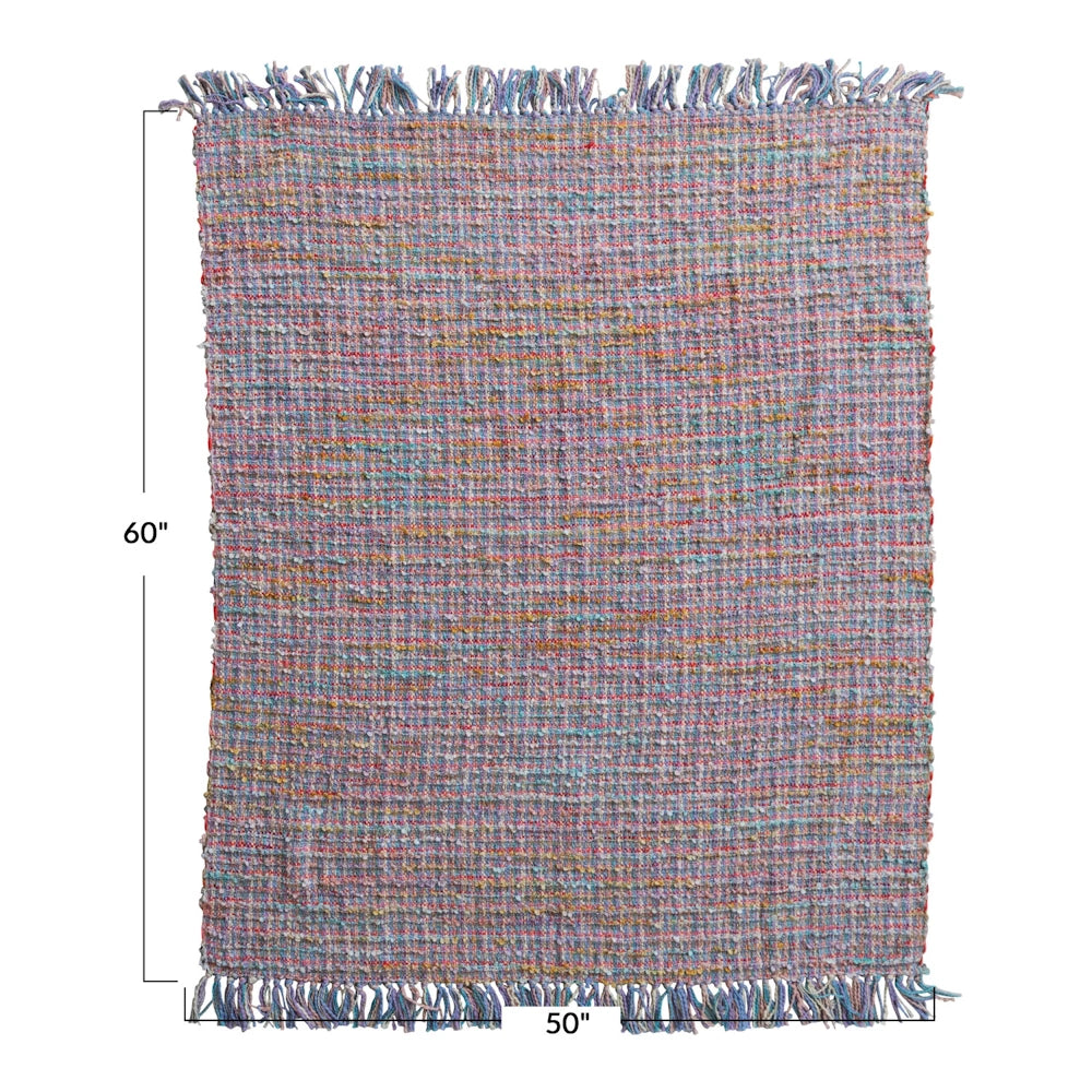 Colorful bohemian woven rug or throw, 50 by 60 inches, featuring blue, pink, and yellow threads with tassels.