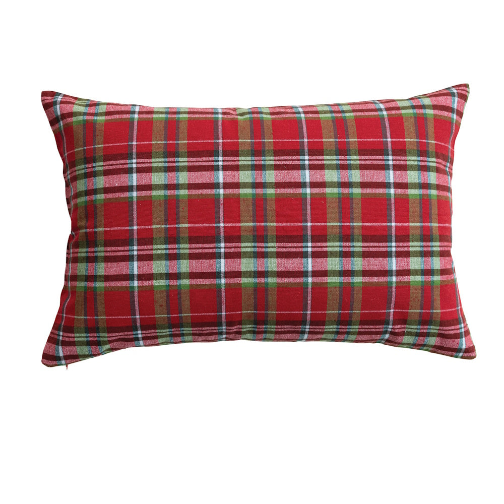 Woven cotton lumbar pillow featuring a red, green, and white tartan plaid pattern.