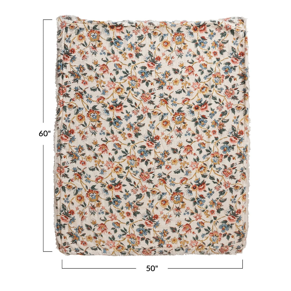 50" by 60" floral print throw blanket with fringe trim, rustic botanical pattern for home decor.