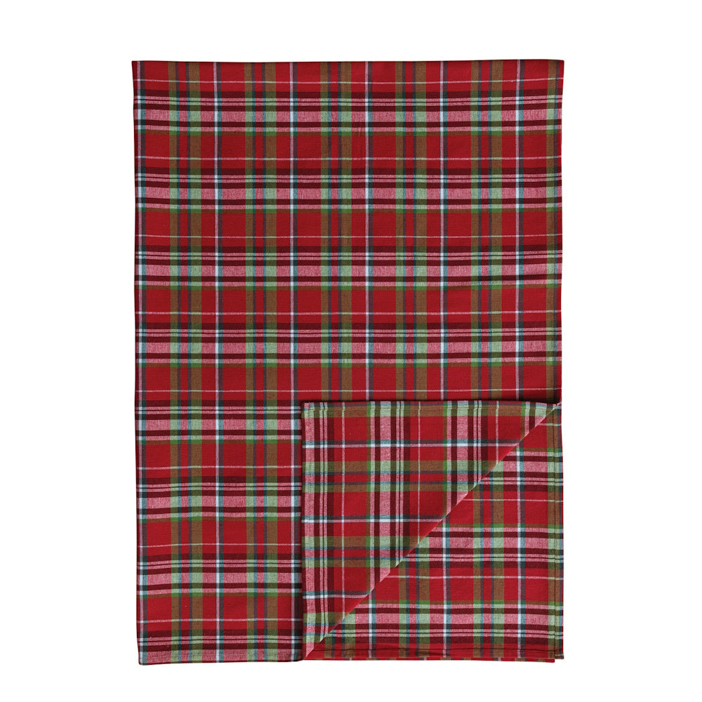 Woven cotton tablecloth featuring a vibrant red tartan plaid pattern, shown folded at the bottom against a plain white background.