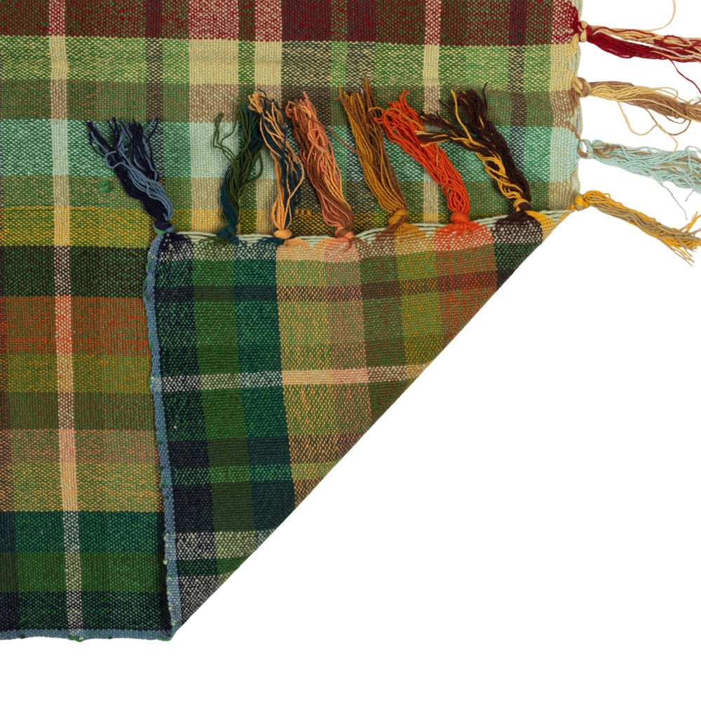 Close-up of a woven cotton plaid throw blanket featuring green, red, and yellow patterns with multi-colored fringe.