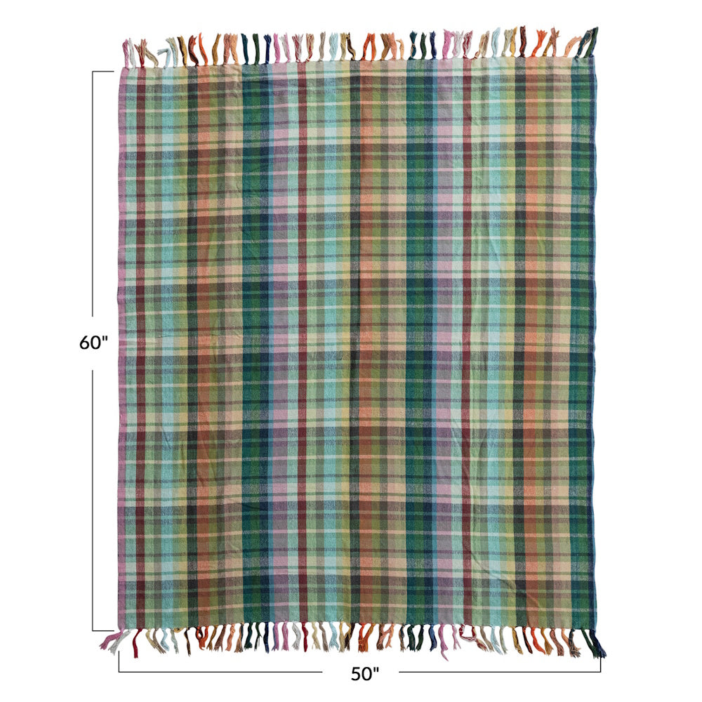 Woven cotton plaid throw blanket with colorful fringe showing 60" by 50" dimensions.