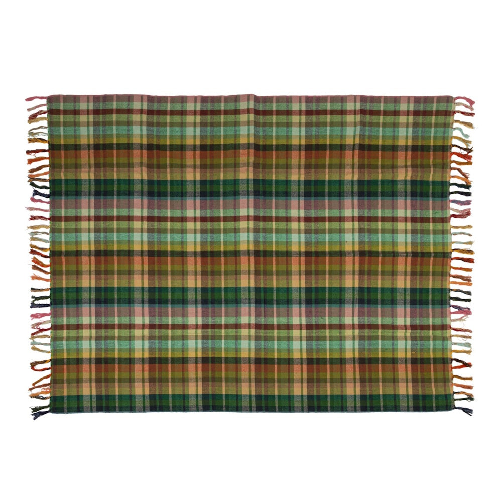Woven cotton plaid throw blanket with a multi-colored checkered design and multi-colored fringe edges.