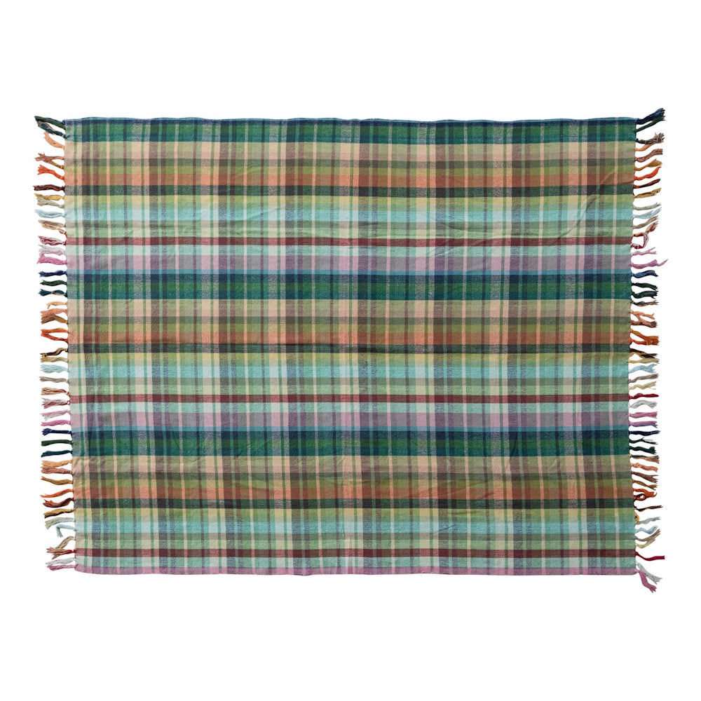 Woven cotton plaid throw blanket featuring a colorful checkered pattern and decorative side fringe.