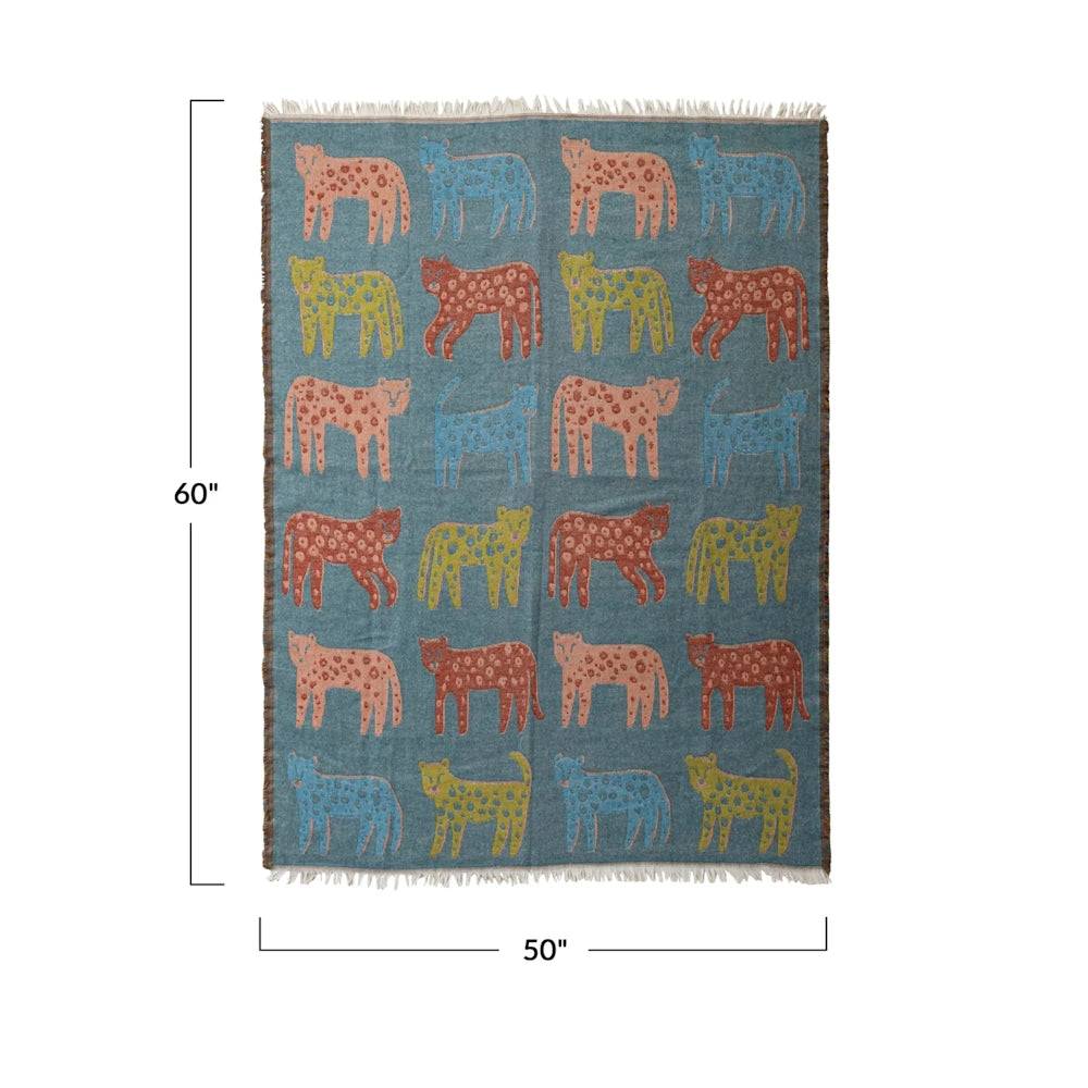 Teal woven leopard throw blanket with dimensional measurements showing 60 inches long by 50 inches wide.