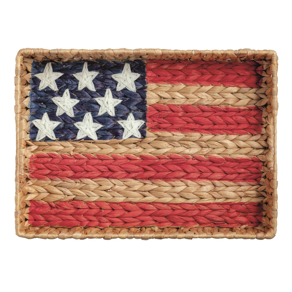 Woven rectangular tray featuring a rustic, braided American flag design with white stars and red, natural stripes.