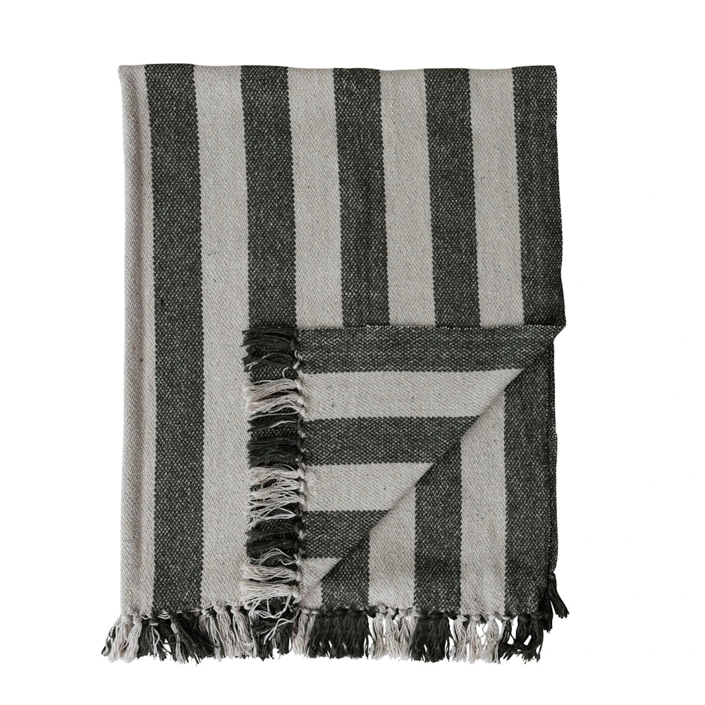 Neatly folded woven grey and cream striped throw blanket with fringed edges.