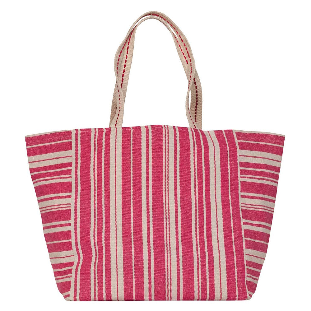 Woven tote bag with vertical pink and cream stripes and top handles with red stitching details.