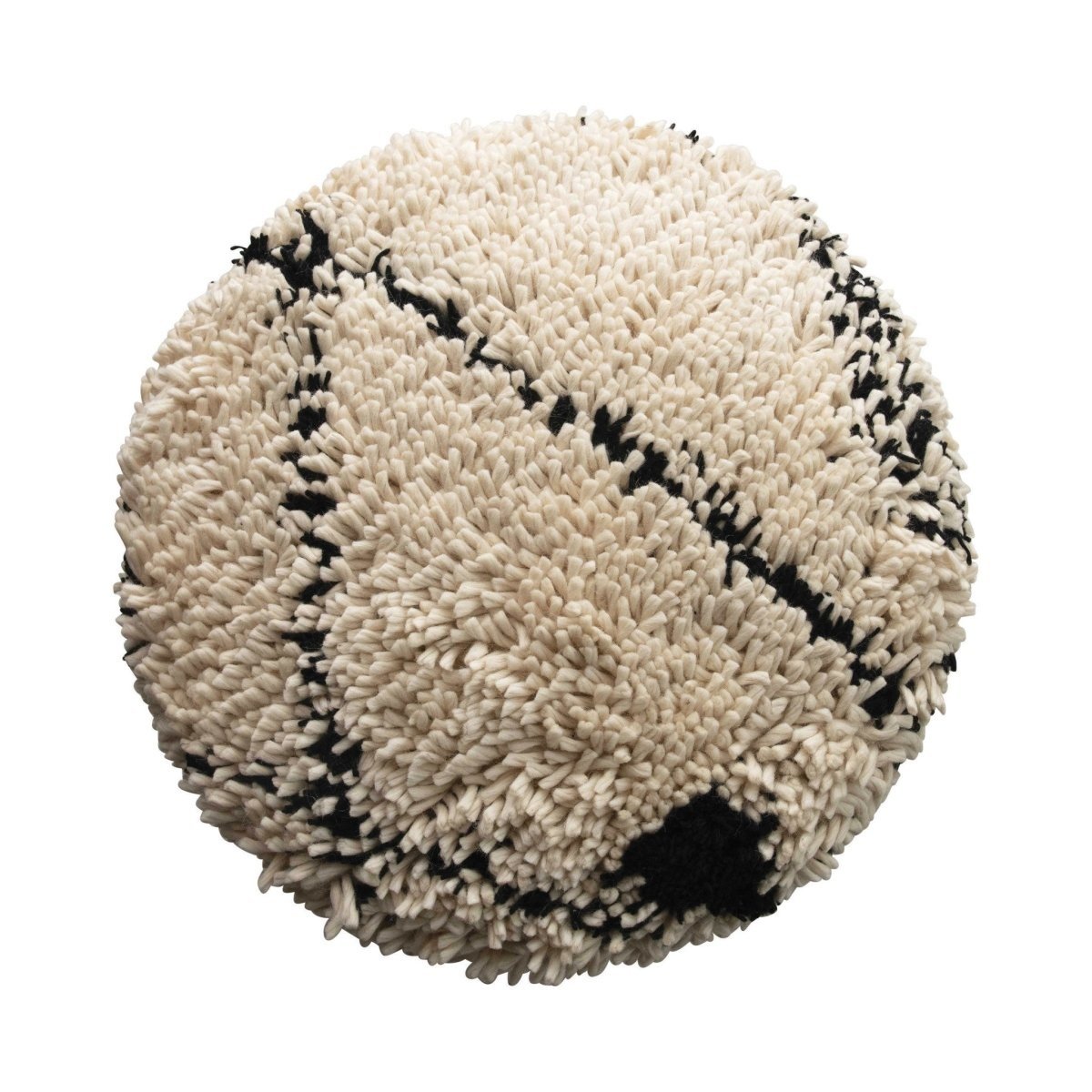24" Round x 15"H Woven Wool Shag Pouf, Black & Cream Color — alternate view 3